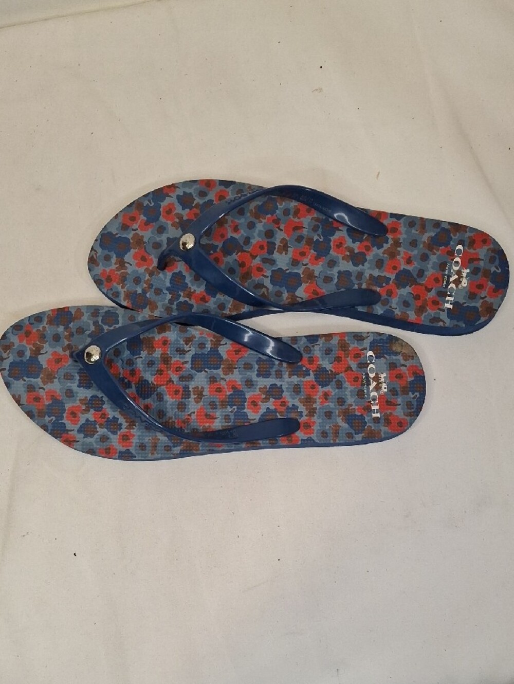Coach Blue Floral Print Jelly Thong Flip Flops. Like New. - Picture 3 of 9